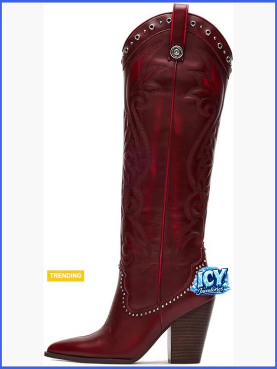 Shoes - Knee High Cowboy Boots Pointed Toe Chunky Heel Pull-on Embroidered Wide Calf
